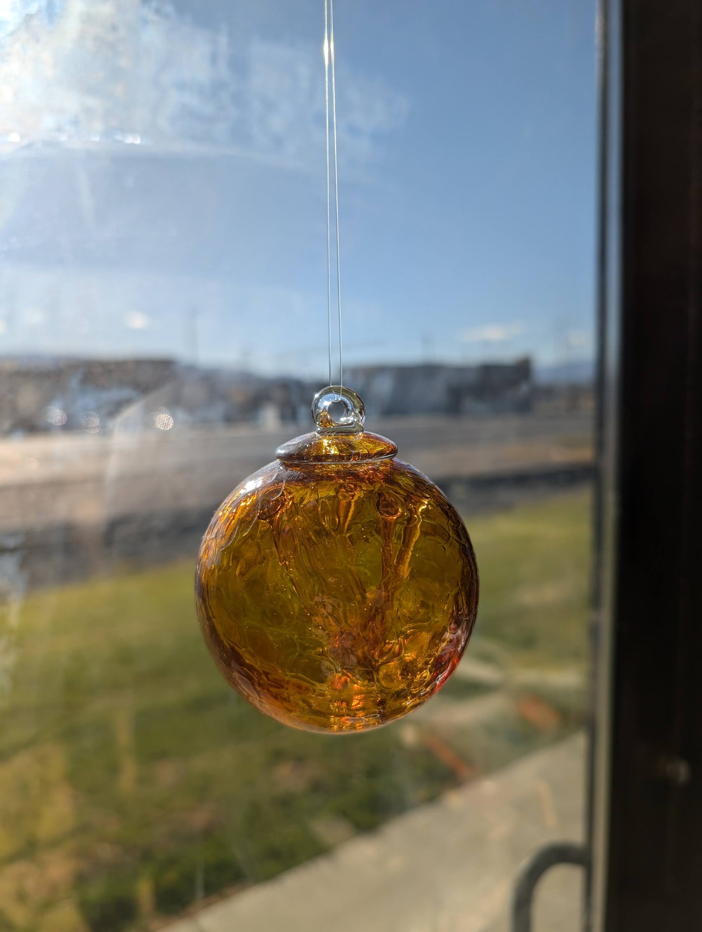 Glass orb, witch ball, spirit ball, evil spirit ball, Yellow Gold glass kuleg kitras art, iron art blown glass