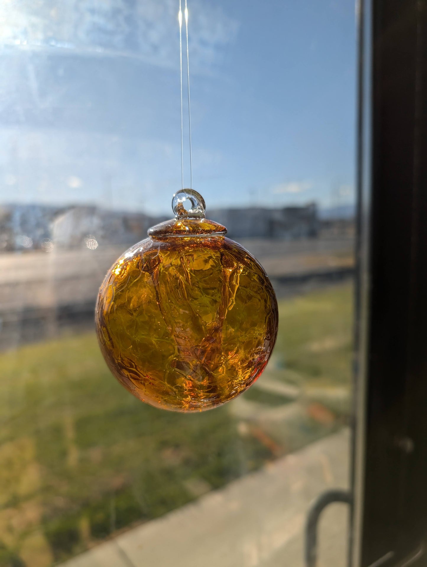 Glass orb, witch ball, spirit ball, evil spirit ball, Yellow Gold glass kuleg kitras art, iron art blown glass