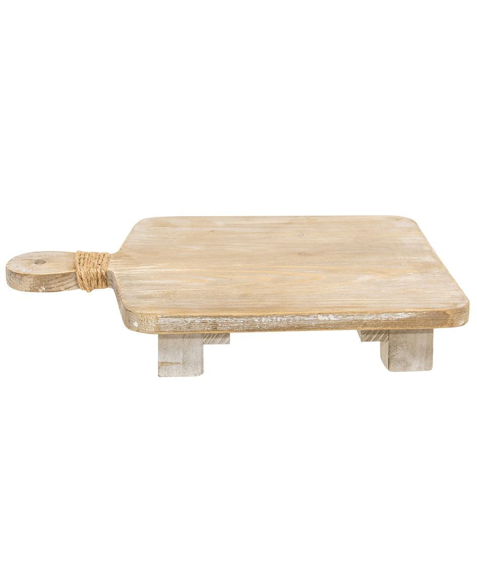 Rectangular Natural Wood Riser w/Jute Wrap Handle, decorative wooden cutting board on stand