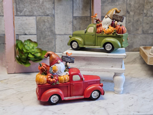 Fall Gnome Truck, Welcome Gnome, Pumpkin truck, Green Vintage Truck, Red old truck, Fall Gnomie Decor, Fall Troll decor Ceramic Gnome