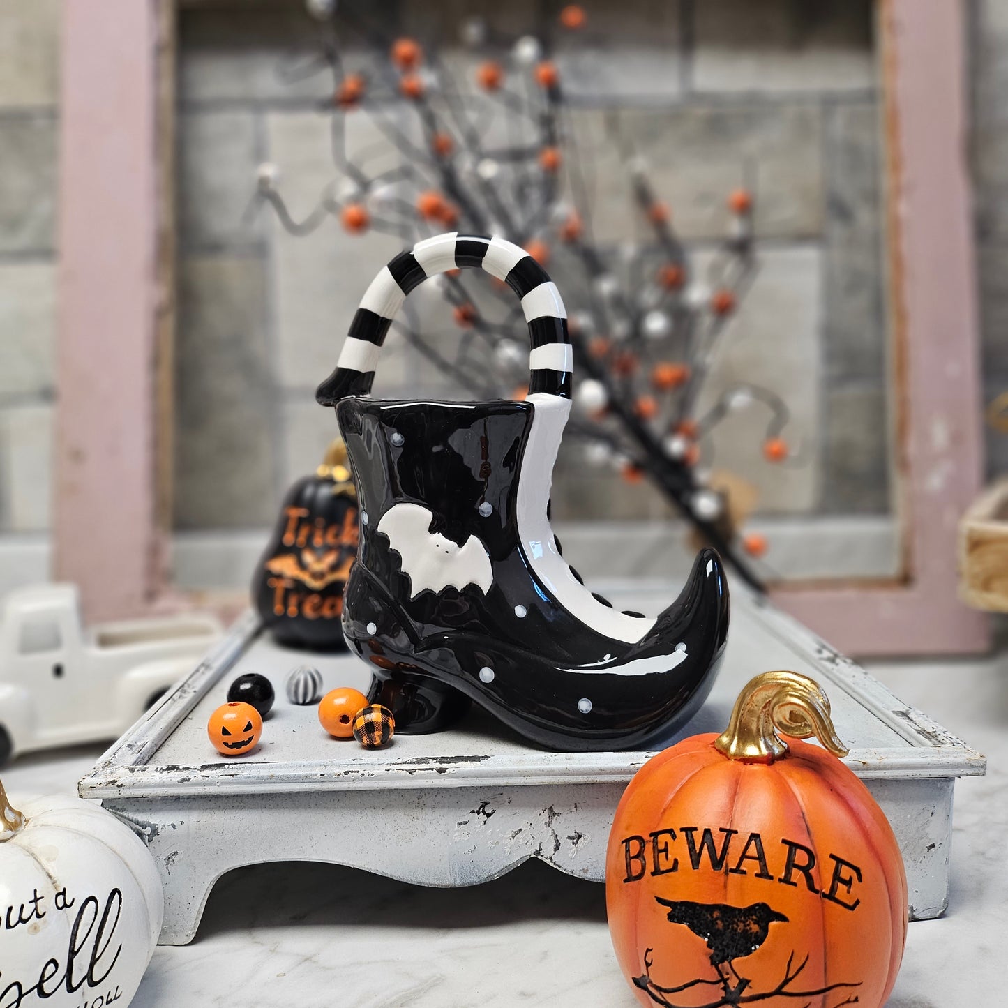 Ceramic Witch Boot With Handle, Witch Boot Pitcher, Trick or Treat Witch Boot, Witch Boot Halloween Candy Holder, Candy Dish, Black and White Boot Vase Container