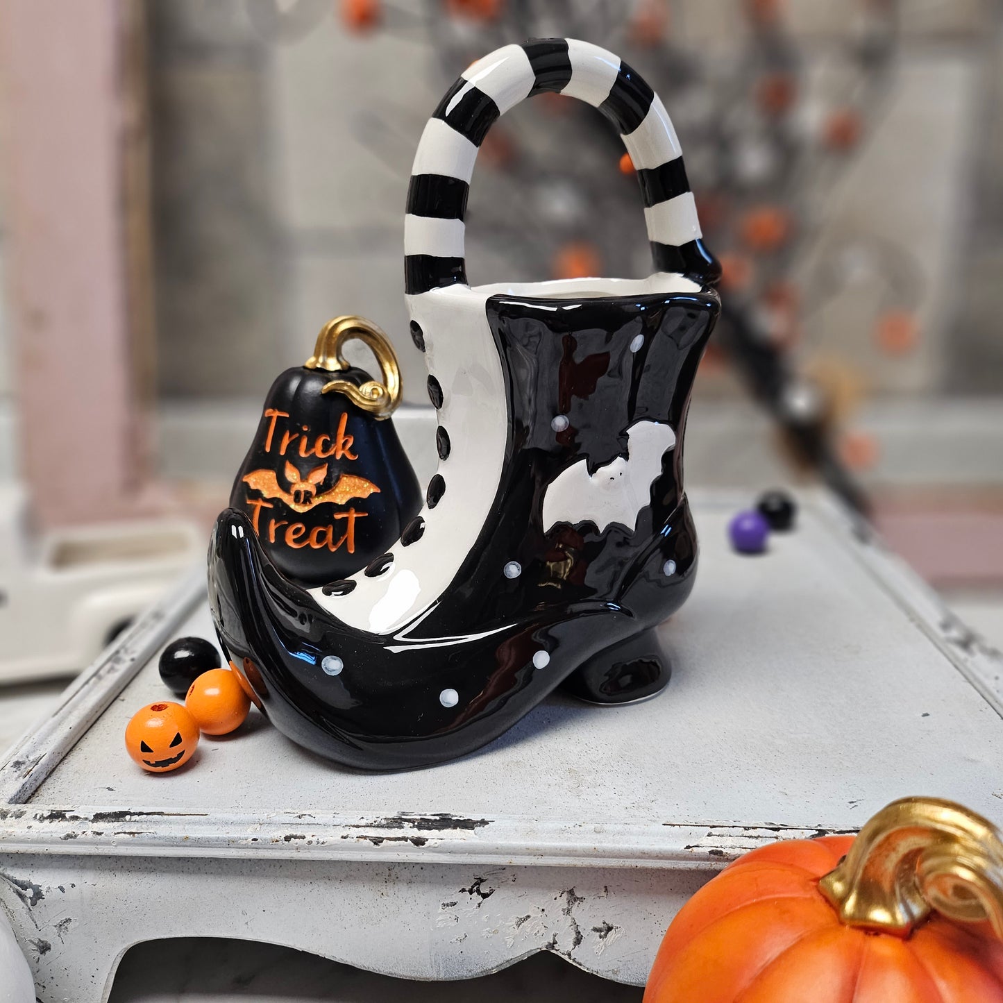 Ceramic Witch Boot With Handle, Witch Boot Pitcher, Trick or Treat Witch Boot, Witch Boot Halloween Candy Holder, Candy Dish, Black and White Boot Vase Container