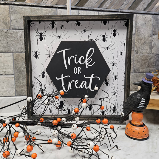 Trick or Treat Halloween Frame, Spooky Hallway Box Sign, 3D Black and White Sign, Creepy Halloween Spider Shadow Box, Setting Box Sign, Halloween Wooden Sign
