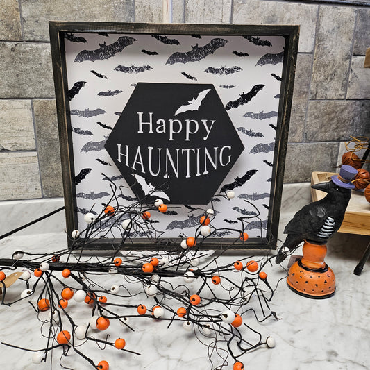 Happy Haunting Halloween Frame, Spooky Hallway Box Sign, 3D Black and White Sign, Creepy Halloween Bat Shadow Box, Setting Box Sign, Halloween Wooden Sign