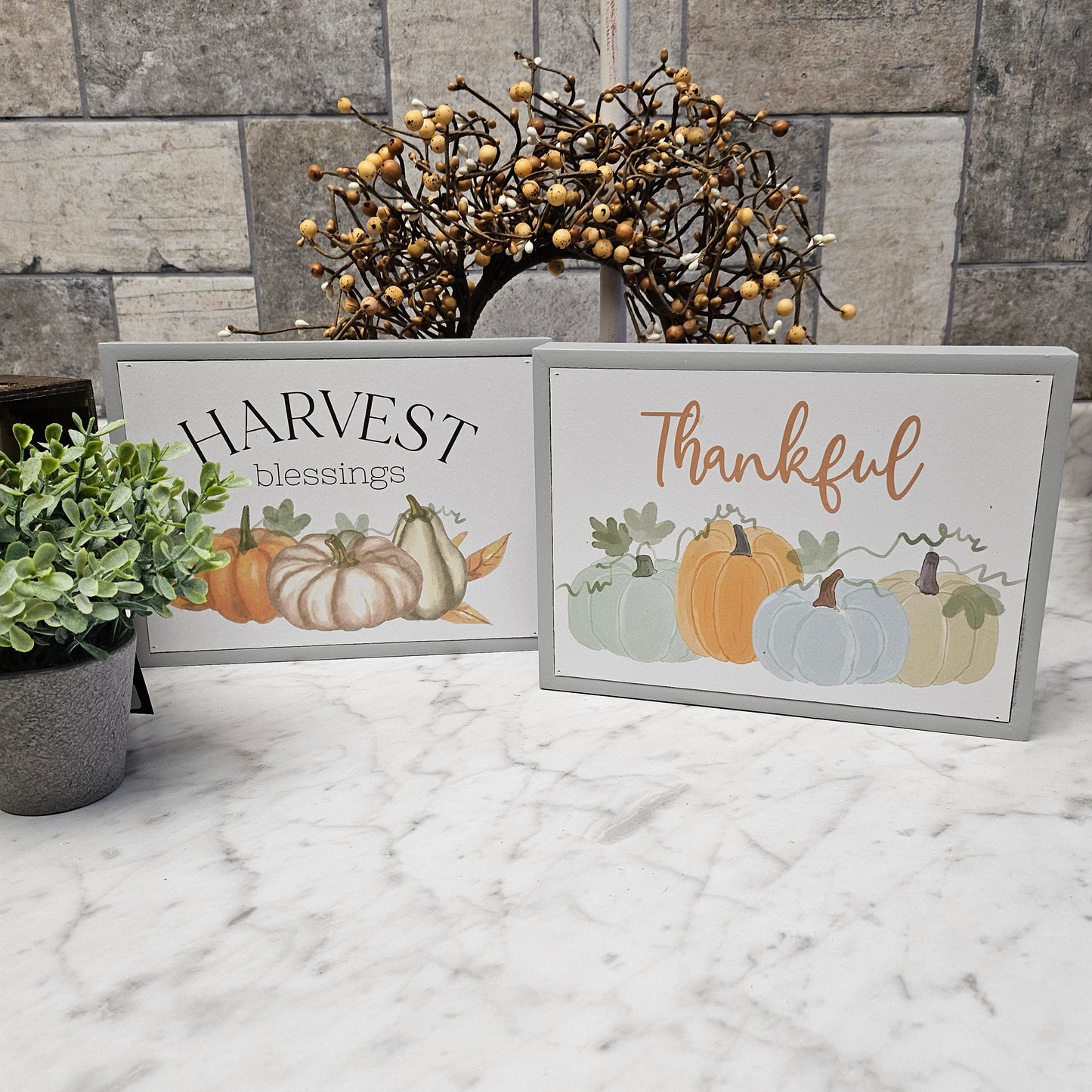 Wooden Fall Box, Grey Pumpkin Sign, Fall and Thanksgiving Harvest Sign, Autumn Box Sign, Thankful Pumpkin Block, Harvest Gourd Decoration, Blue Fall Decor, Teal Fall Pumpkin