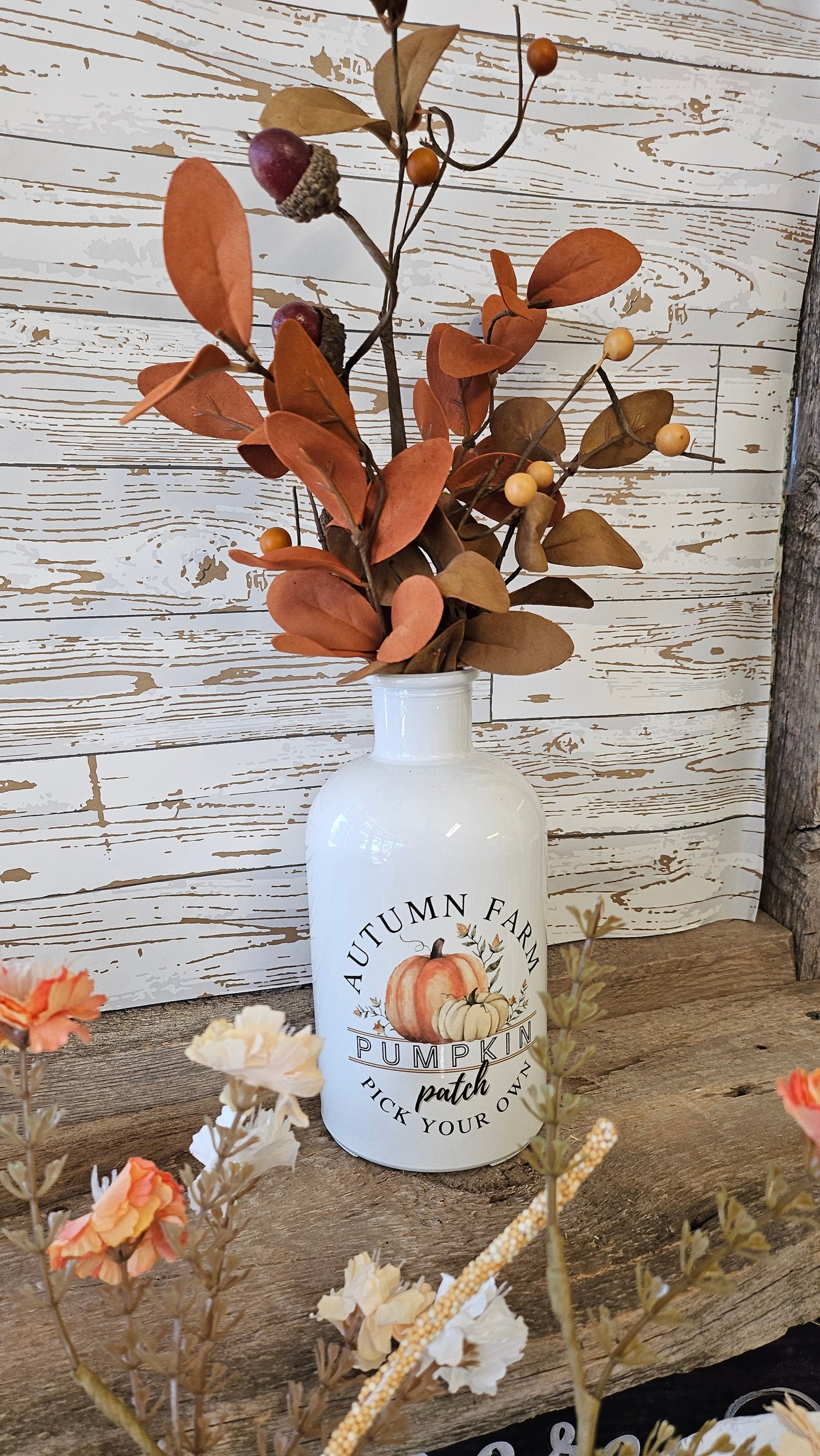 Autumn Farm Glass Jar, Fall Decor, Farmhouse mason jar vase