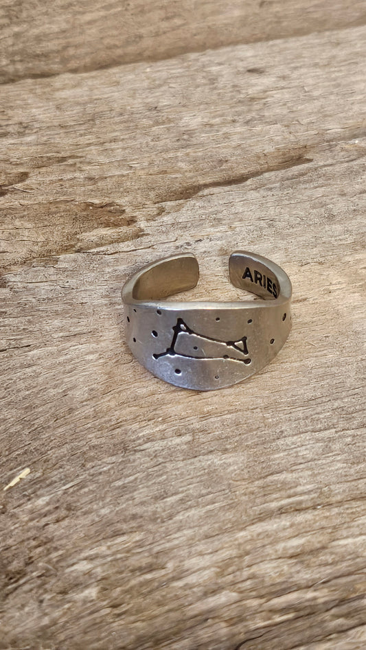 Aries stamped adjustable ring, Zodiac sign and constellation jewelry