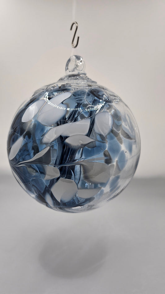 Old english witch ball, Glass orb, witch ball, spirit ball, evil spirit ball, blue, white and waters, glass kuleg kitras art, iron art blown glass