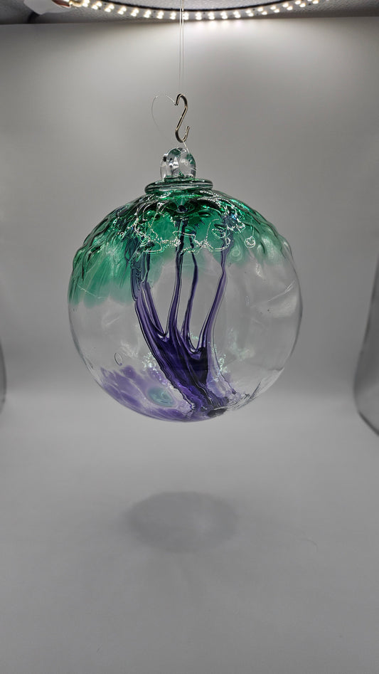 Glass orb, witch ball, spirit ball, evil spirit ball, green and purple glass kuleg kitras art, iron art blown glass