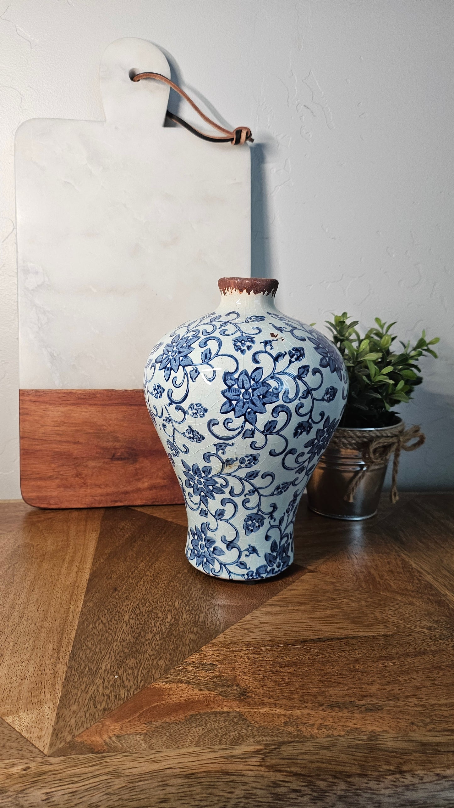 Vintage Blue and White Floral Pattern Heirloom Vase - 8" Tall