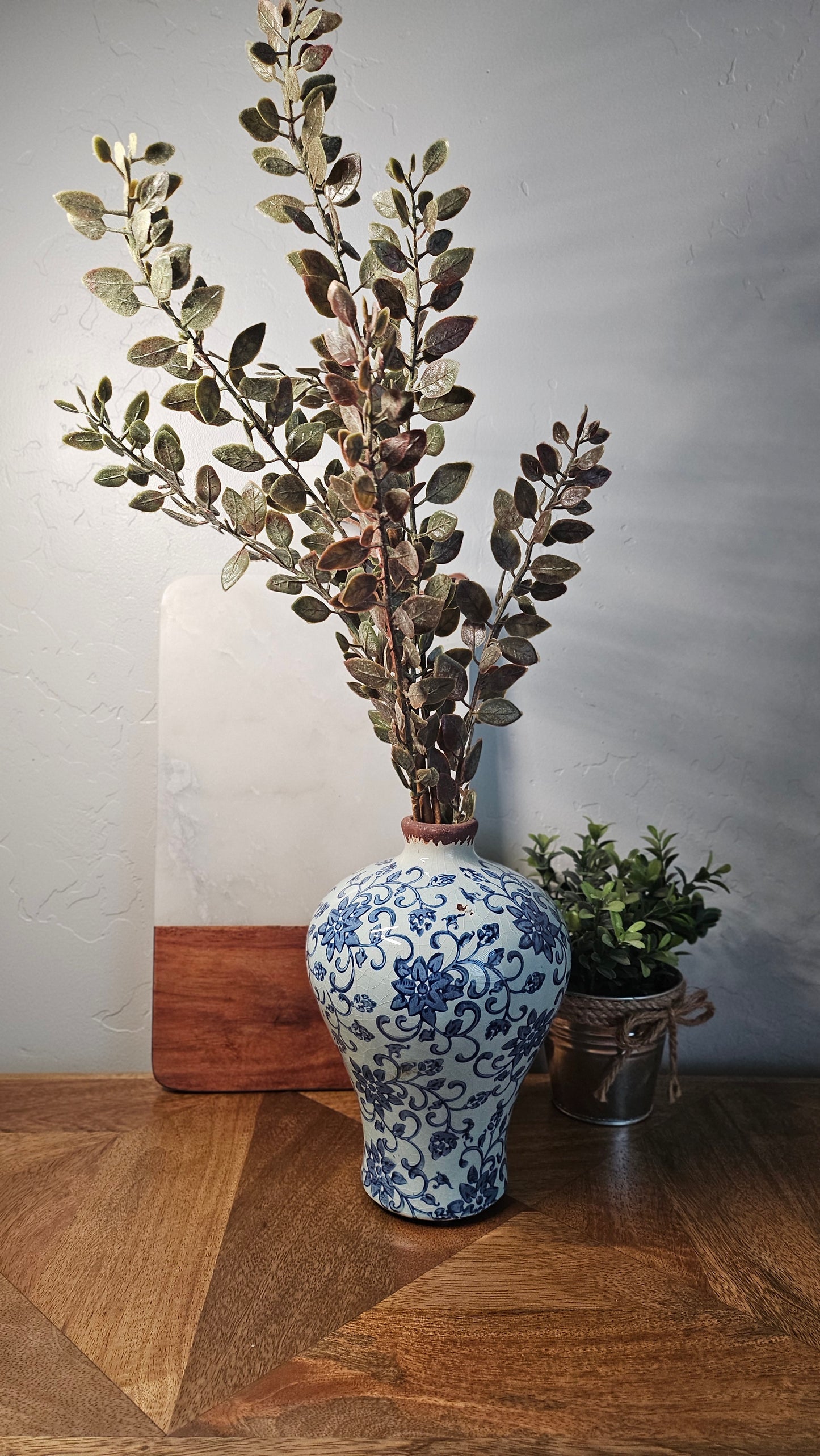 Vintage Blue and White Floral Pattern Heirloom Vase - 8" Tall