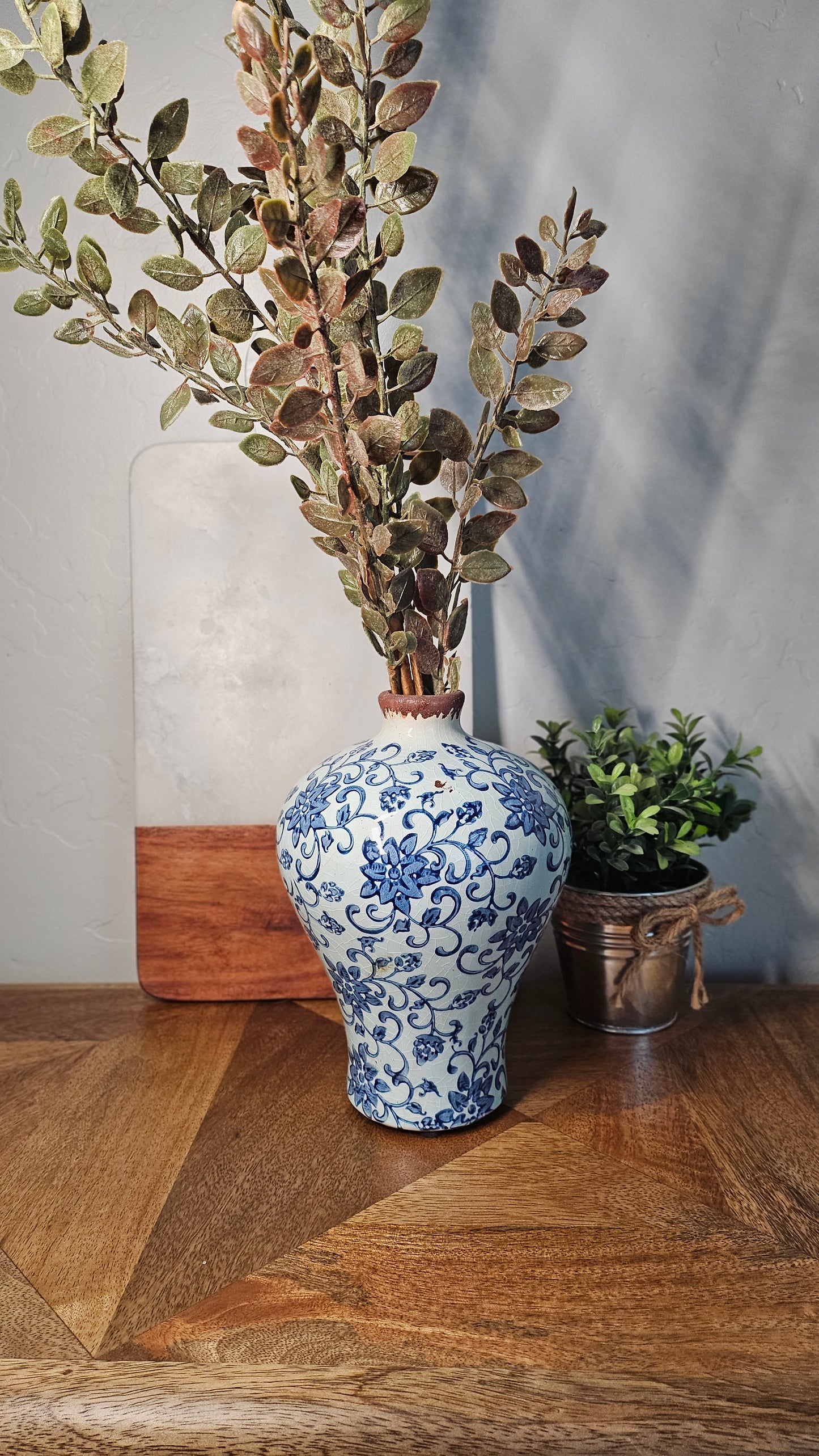 Vintage Blue and White Floral Pattern Heirloom Vase - 8" Tall