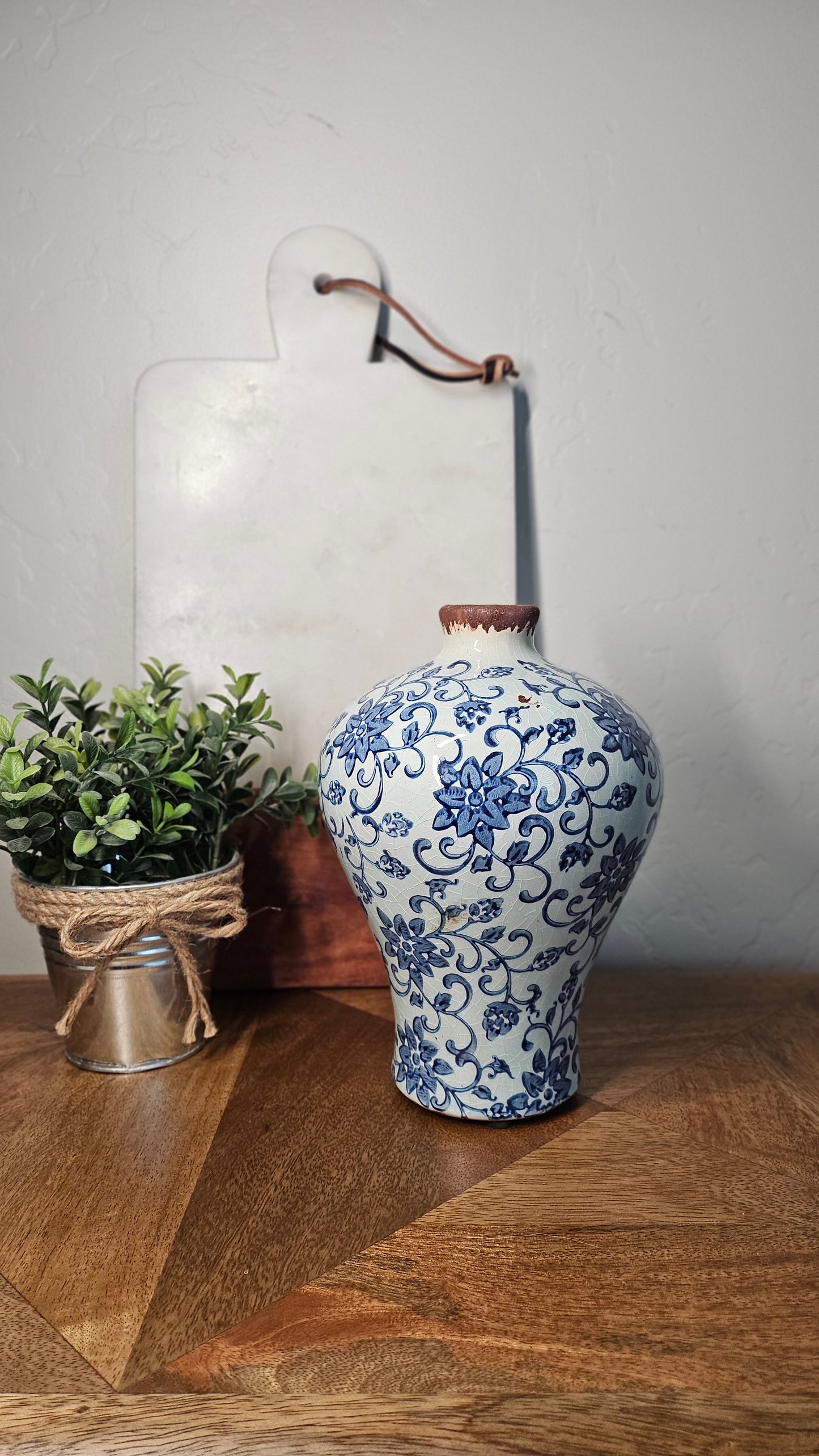 Vintage Blue and White Floral Pattern Heirloom Vase - 8" Tall