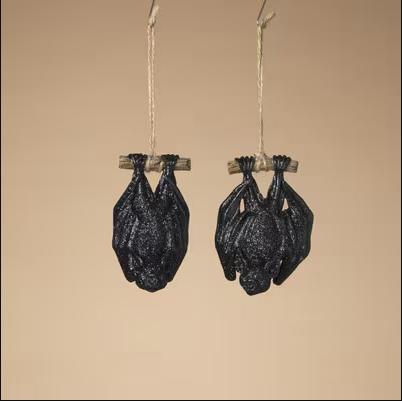 Hanging Bat Ornament, Glitter Ceramic Bat, 4.53"