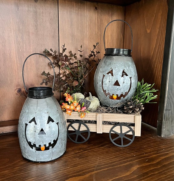 Metal Jack O Lantern Pail, Mini Pumpkin Tea Light Lantern Galvanized Metal