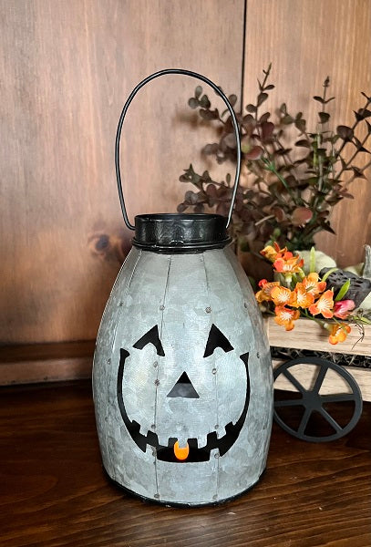 Metal Jack O Lantern Pail, Mini Pumpkin Tea Light Lantern Galvanized Metal Fall