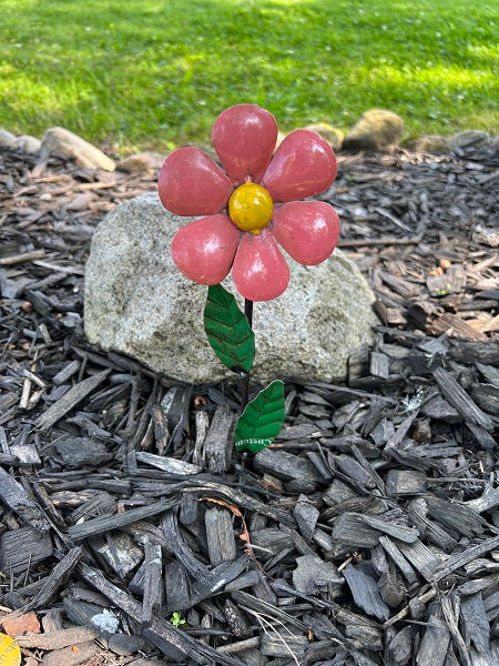 Pink Reclaimed Metal Daisy Yard Stake, Flower Yard Pick