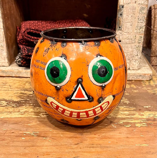 Pine Creek Metal Trick or Treat Pale, Orange Metal Pumpkin vintage decor, candy bucket