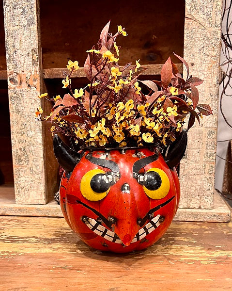 Pine Creek Metal Devil Candy Pail, Reclaimed Metal Halloween Candy Bucket, Creepy Devil Vintage Halloween