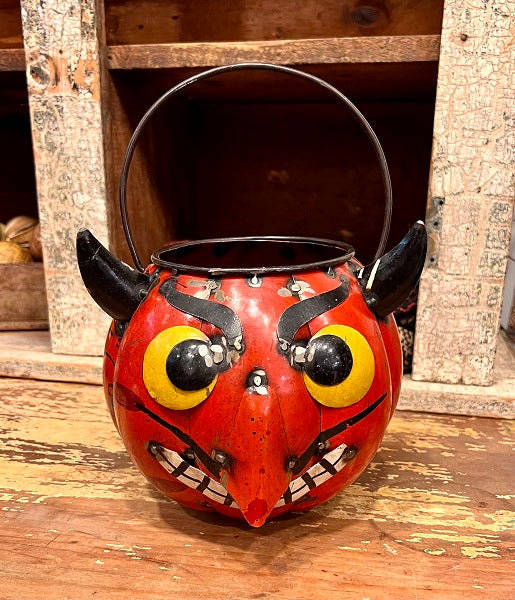 Pine Creek Metal Devil Candy Pail, Reclaimed Metal Halloween Candy Bucket, Creepy Devil Vintage Halloween