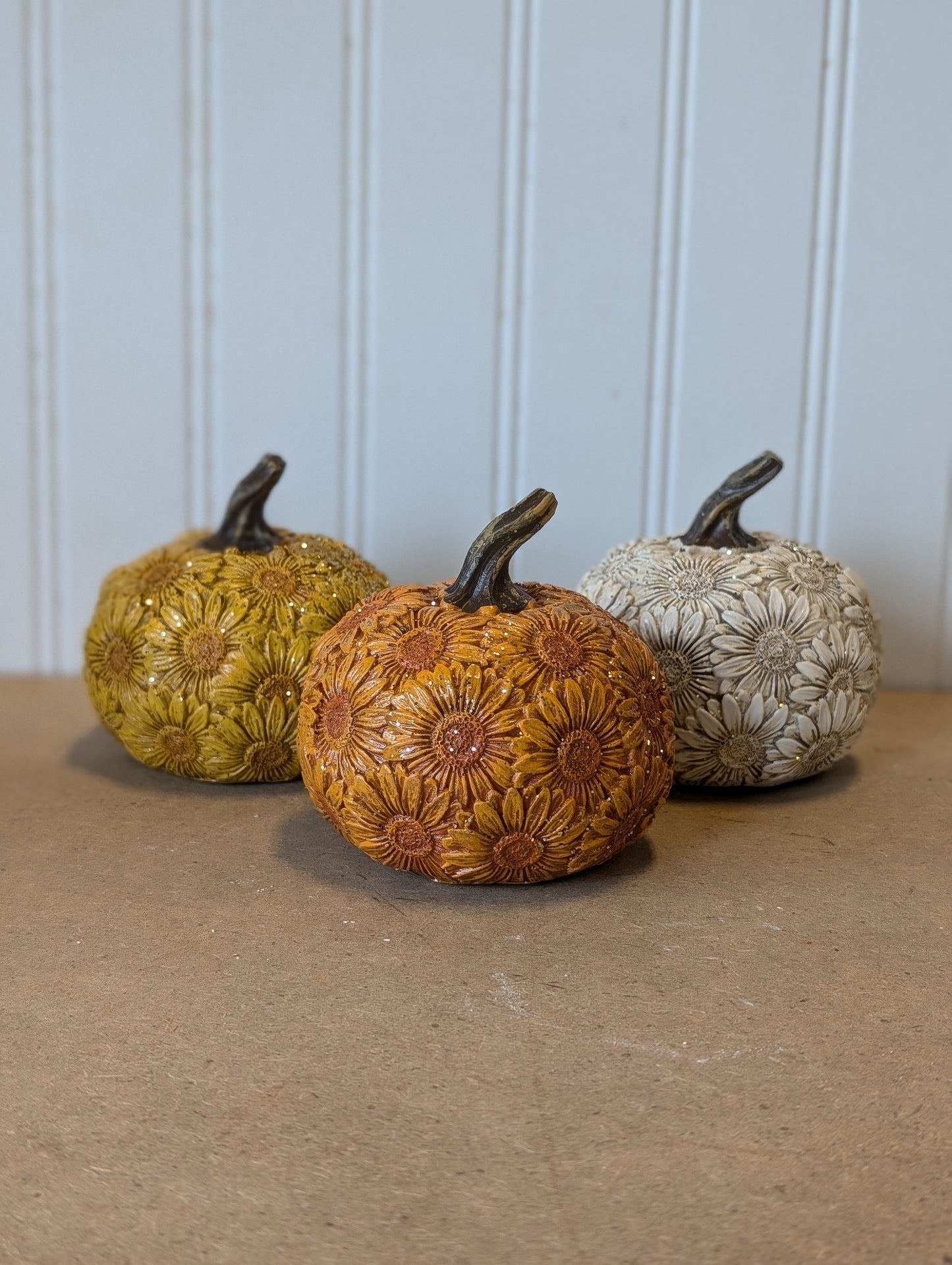 Small Fall Shelf Setter Sunflower Pumpkins Glittered and Imprinted with Sunflowers