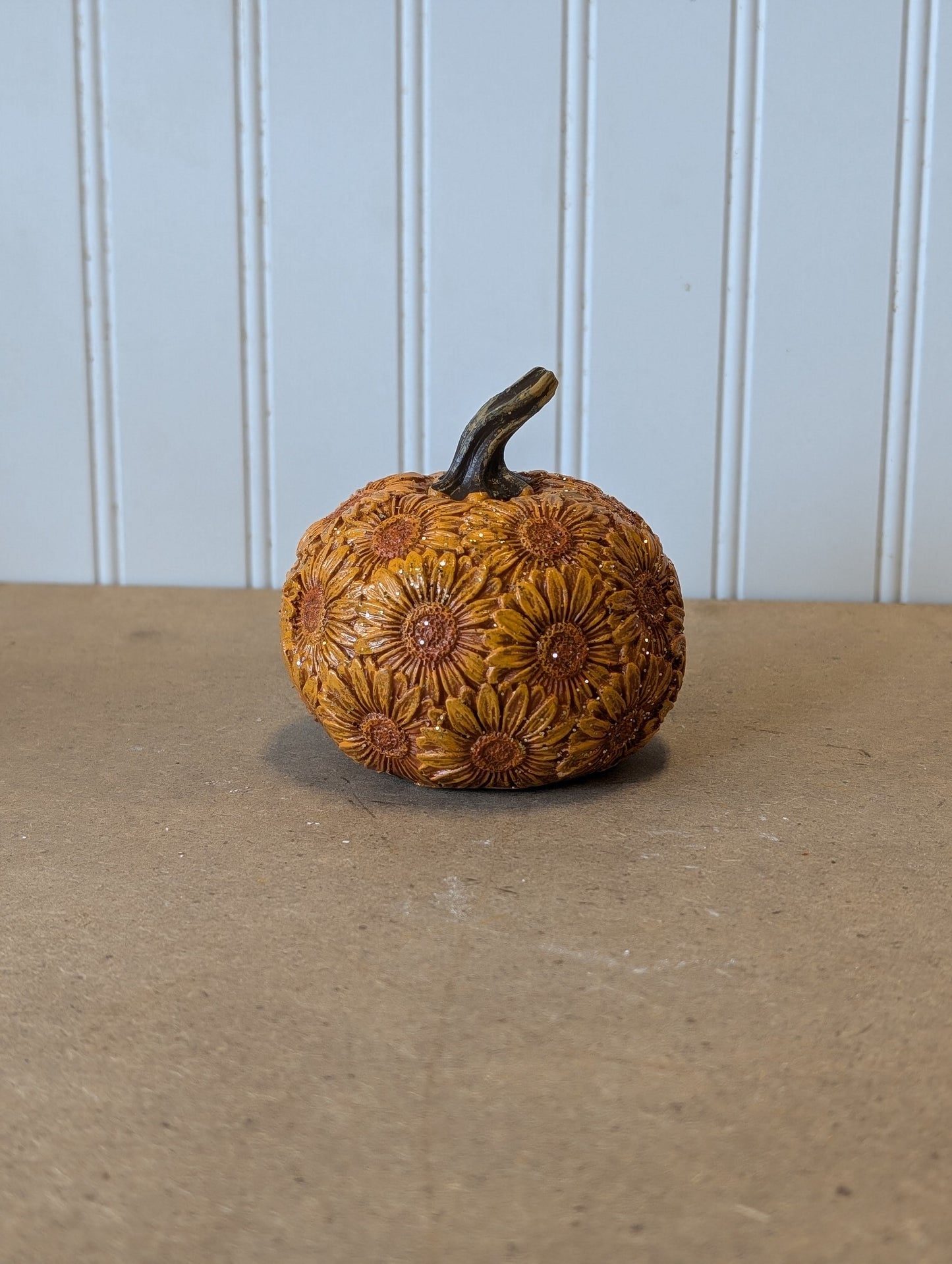 Small Fall Shelf Setter Sunflower Pumpkins Glittered and Imprinted with Sunflowers