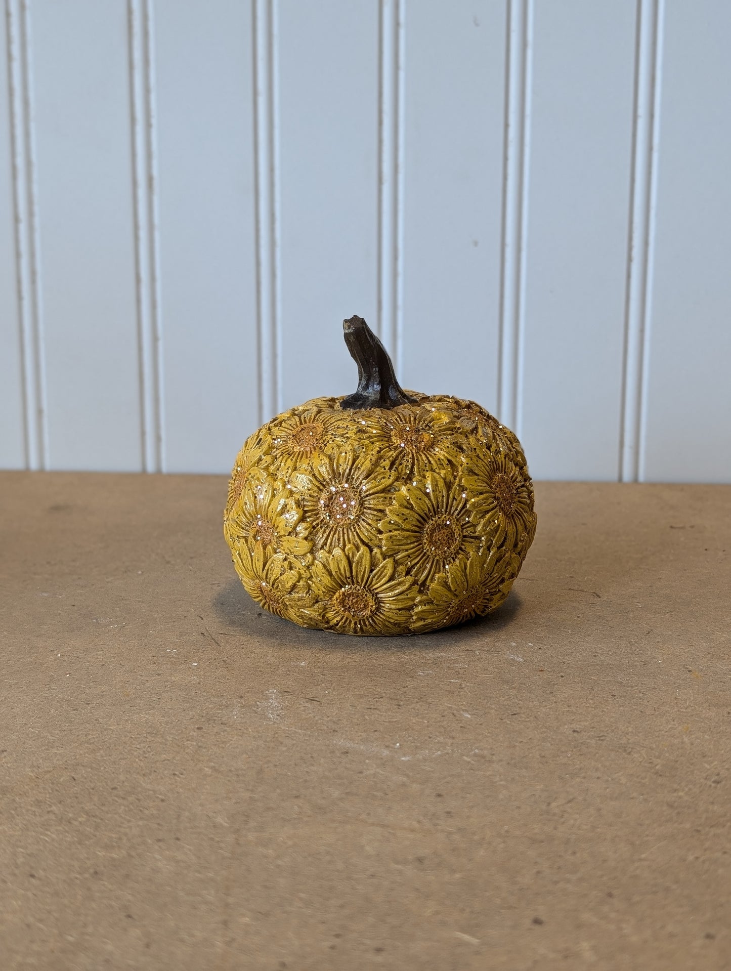 Small Fall Shelf Setter Sunflower Pumpkins Glittered and Imprinted with Sunflowers