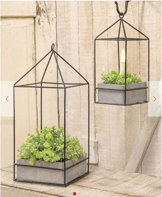 Plant Holder with Metal Frame, House shaped Terrarium, Metal Lantern