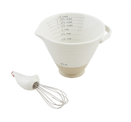 Farm Measuring Cup Set, Stoneware Food safe Featuring a chicken whisk