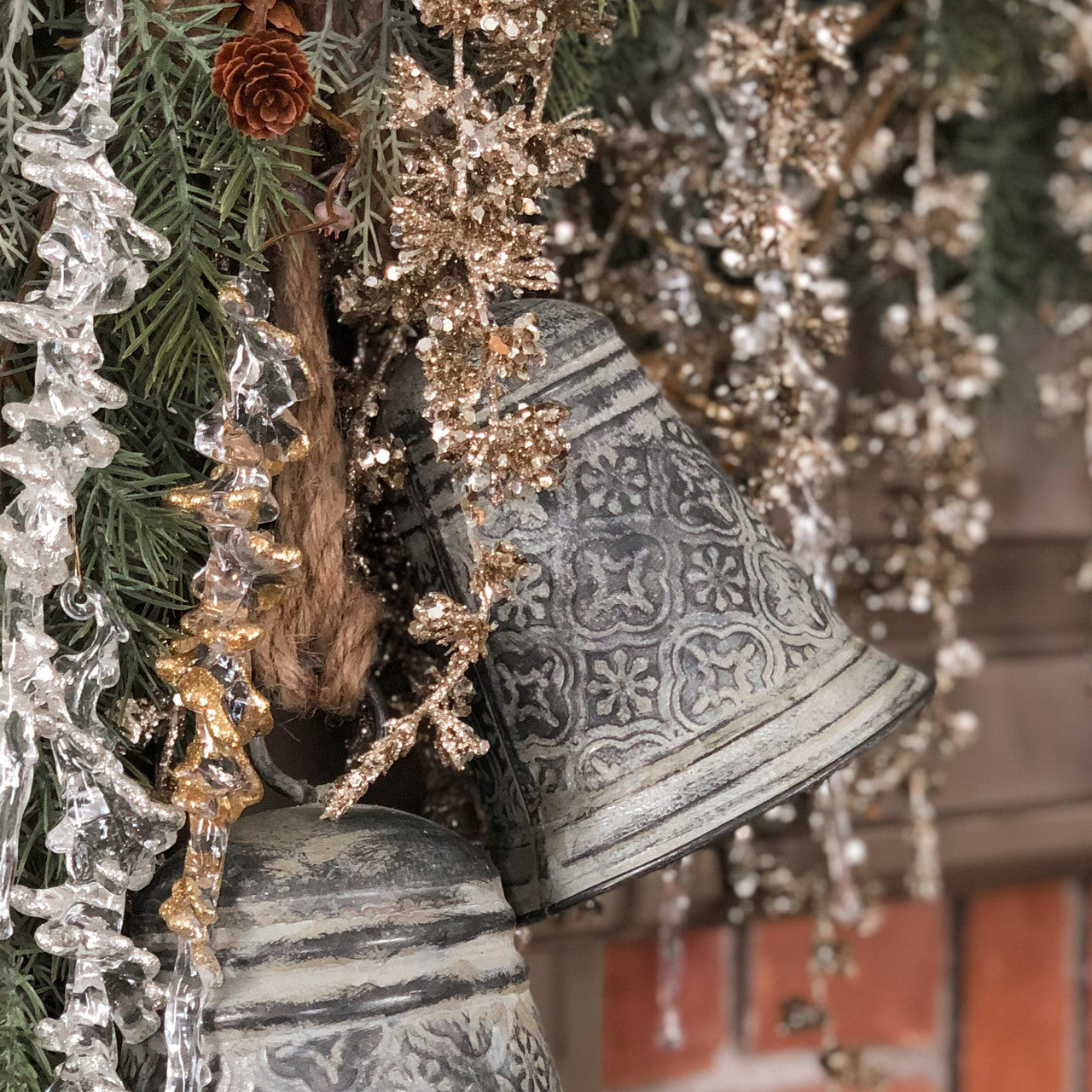 6" Trumpet Galvanized StarFligree Bell, Christmas bell ornament, Metal vintage silver bell