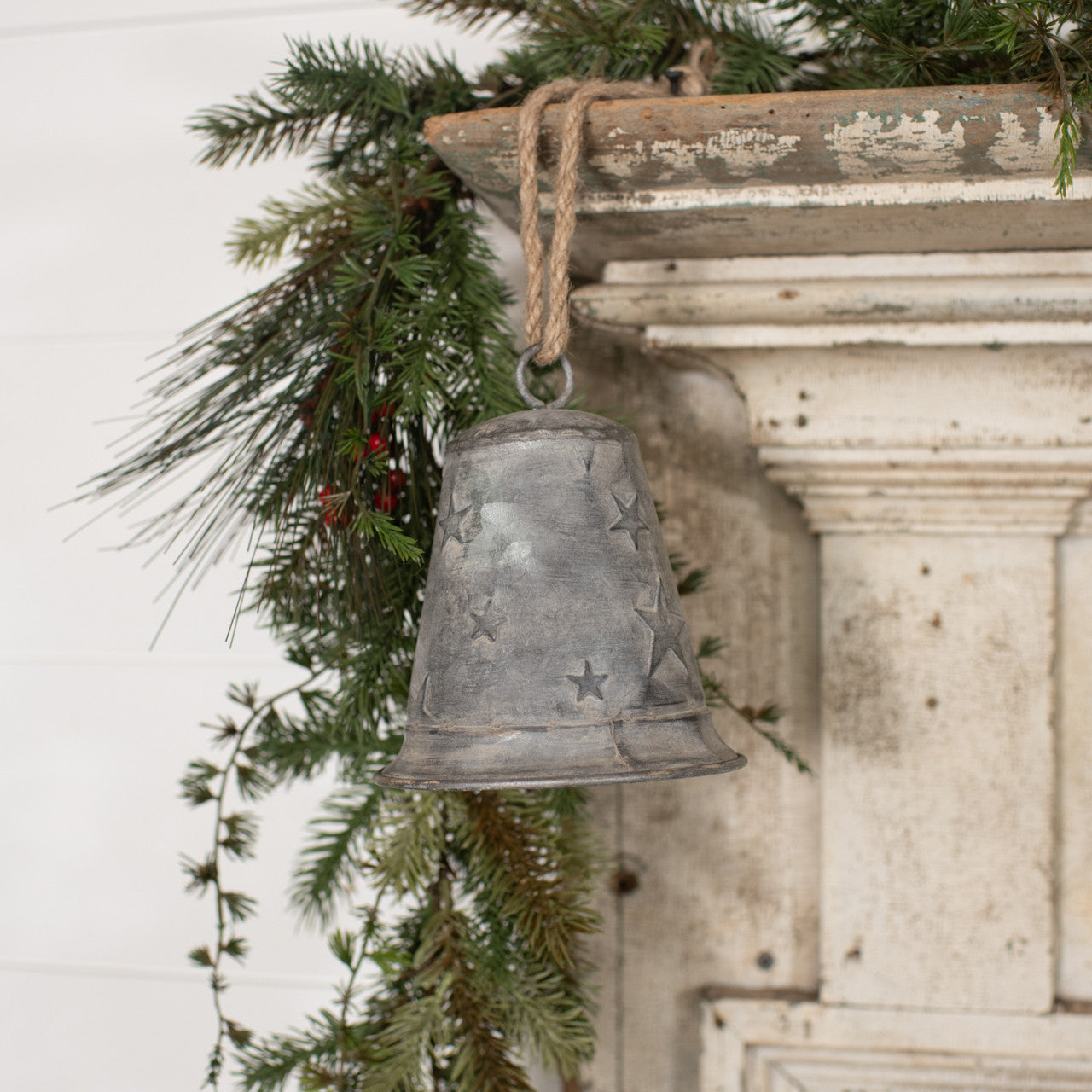 6" Trumpet Galvanized Star Bell, Christmas bell ornament, Metal vintage silver bell