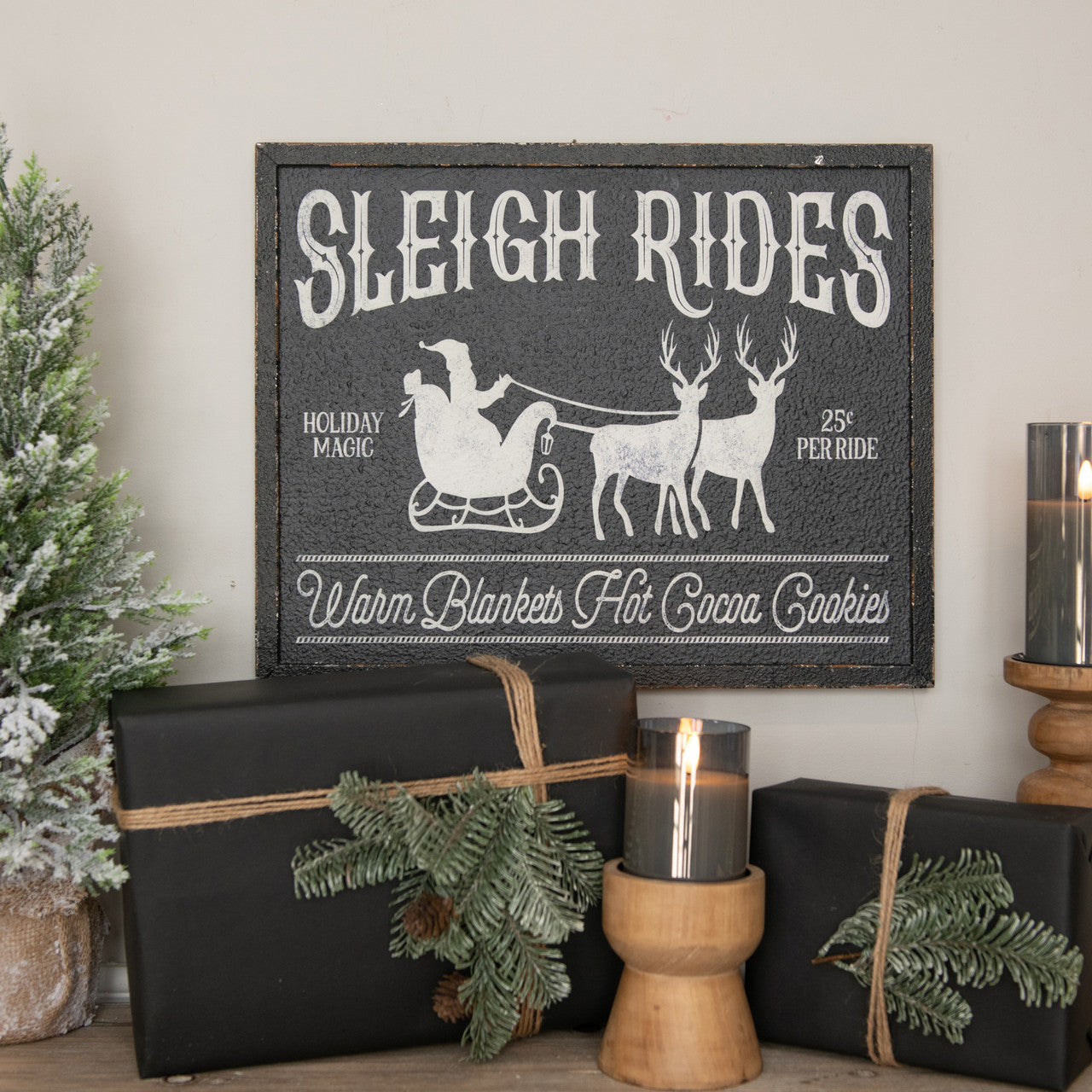 Sleigh Rides Metal Black and White Sign, Santa and Reindeer Sign, Hot Cocoa Bar Sign, Hanging Christmas Sign, Black and White Christmas Decor