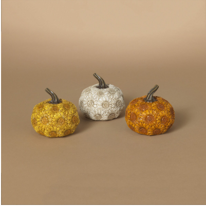 Small Fall Shelf Setter Sunflower Pumpkins Glittered and Imprinted with Sunflowers